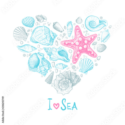 Inscription I Love Sea. Big heart consisting of shells different shapes, starfish and pebbles on a white background. Hand drawn sketch. Vector illustration