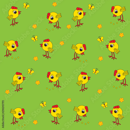 Seamless baby pattern. Little yellow chickens and butterflies. Cheerful chicks on a green background. Vector illustration