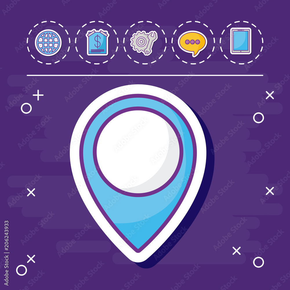 location pin with online marketing related icons over purple background, colorful design. vector illustration