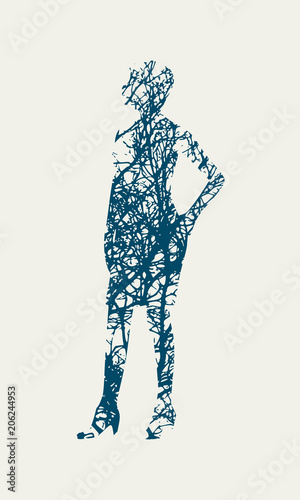 Business Woman in Short Dress. Black Silhouette Standing Full Length. Double exposure