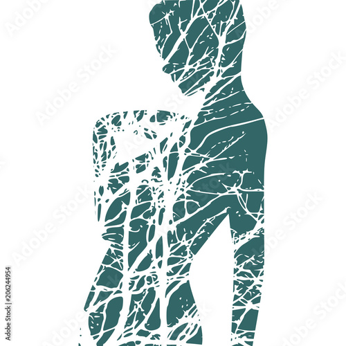 Confused woman raising her hand to face. Sexy lady silhouette. Double exposure