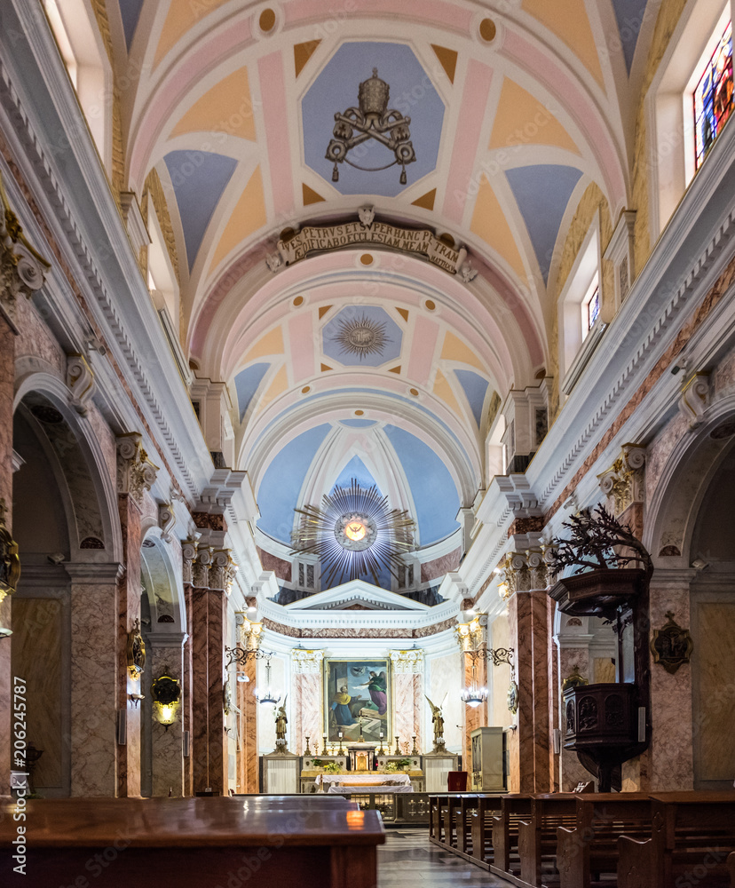 Large panoramic view of Interior of St. Peter's Church, a Franciscan church in Jaffa