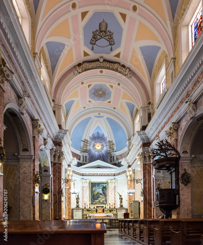 Large panoramic view of Interior of St. Peter's Church, a Franciscan church in Jaffa © vadiml