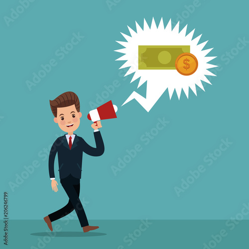 Businessman with bullhorn talking about money vector illustration graphic design