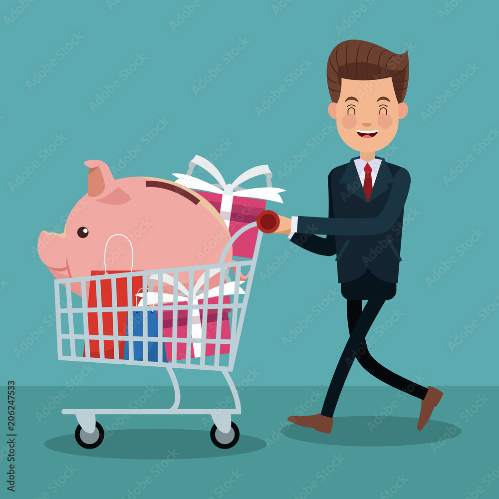 Businessman shopping with cart vector illustration graphic design Businessman shopping with cart vector illustration graphic design