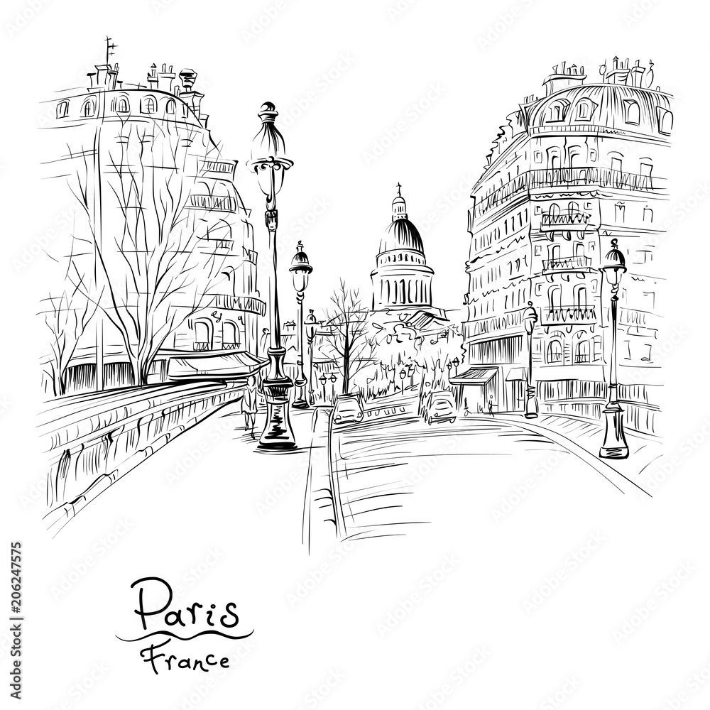 Vector black and white hand drawing. Bridge across river Seine Pont Louis Philippe near the Ile de la Cite in the winter morning, Pantheon in the background, Paris, France.