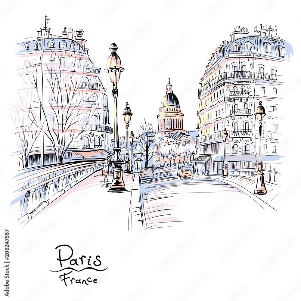 Fototapeta premium Wektor rysunek ręka. Most przez rzekę Sekwany Pont Louis Philippe w pobliżu Ile de la Cite w zimowy poranek, Panteon w tle, Paryż, Francja.