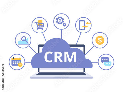 Organization of data on work with clients, Customer Relationship Management. CRM concept design with vector elements. Flat icons of accounting system, planning tasks, support, deal.