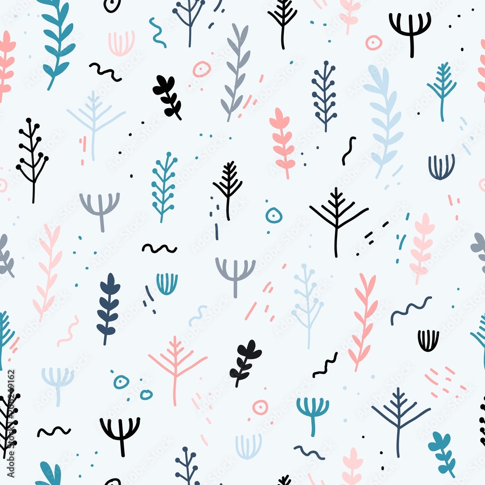 Design of a seamless pattern with a decor of flowers, leaves and twigs. A gentle background in the Scandinavian style of minimalism. Modern wallpaper in the style of a huggie. Vector Design of a seamless pattern with a decor of flowers, leaves and twigs. A gentle background in the Scandinavian style of minimalism. Modern wallpaper in the style of a huggie. Vector