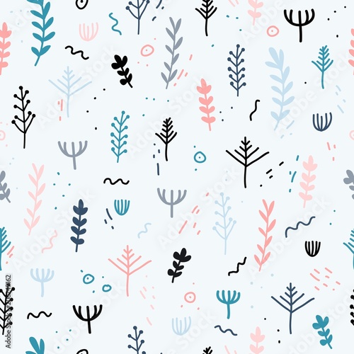 Design of a seamless pattern with a decor of flowers, leaves and twigs. A gentle background in the Scandinavian style of minimalism. Modern wallpaper in the style of a huggie. Vector