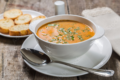 Homemade soup puree bisque with croutons