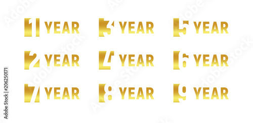 Anniversary of company, gold negative space sign, business birthday, vector logo set, golden numbers, year, num. Celebration card design element, vector anniversary icon set, invitation card.