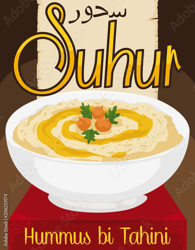 Delicious Hummus bi Tahini with Olive Oil for Ramadan's Suhur, Vector Illustration