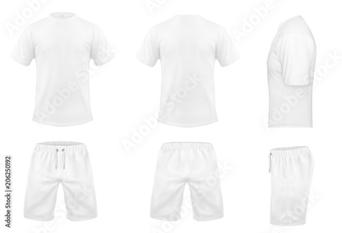 Vector realistic set of white t-shirts with short sleeves and shorts, sportswear, sport uniform for football or rugby isolated on background. Mockup for clothes design, front, rear and side view