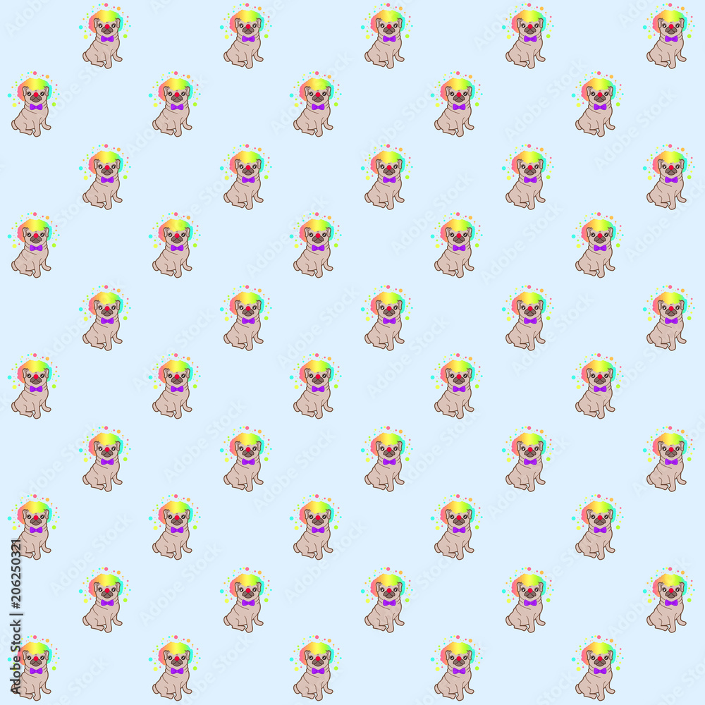 Pattern based on a kawaii illustration of a cute little chubby pug dog in a clown costume with red nose, purple bow and rainbow wig. Let’s go to the circus!