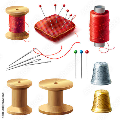 Vector 3d realistic tailor set. Wooden reel with threads, needles for dressmaking, needlework. Sewing atelier collection. Metal thimble and pin cushion for handmade, hobby