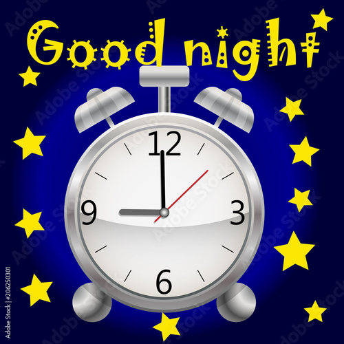 Realistic alarm clock on a dark background. Good Night's Inscription