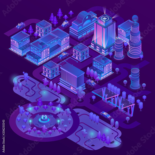 Vector 3d isometric megapolis, city with park in purple colors. Collection of skyscrapers, buildings and charging stations with ultraviolet lighting. Streets with traffic - cars, automobiles