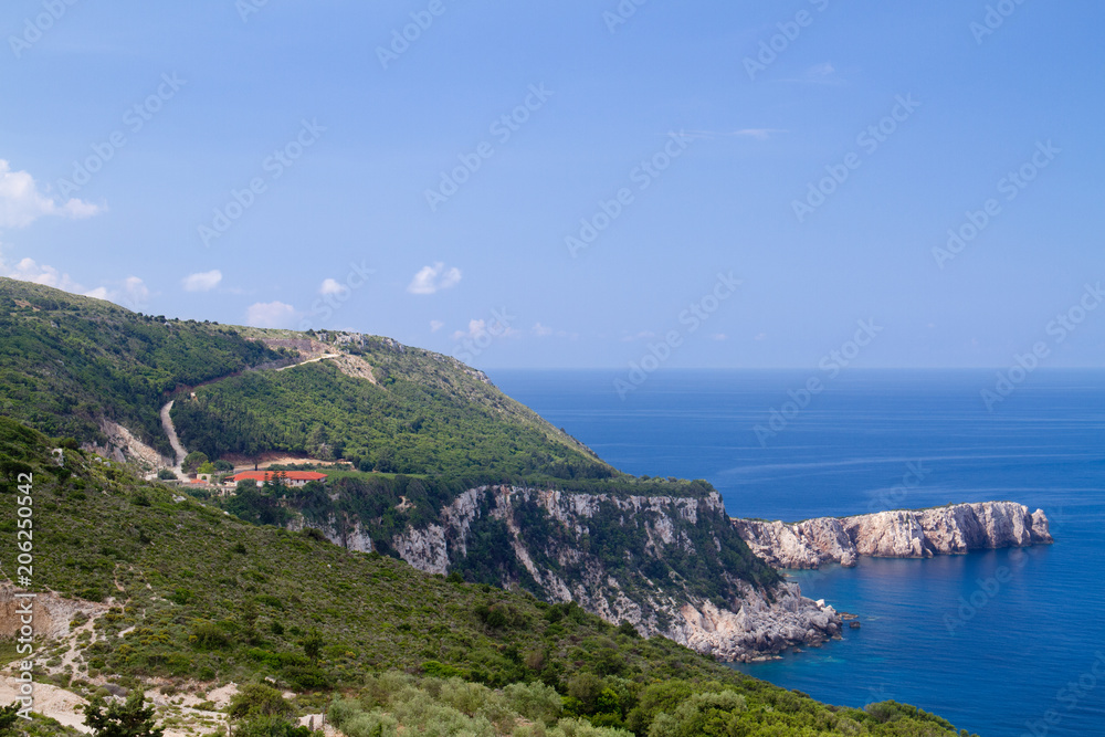 The Monastery Kipoureon near Kaminarata on the Greek island Cephalonia, constructed on top of a rock, 90 metres above the sea