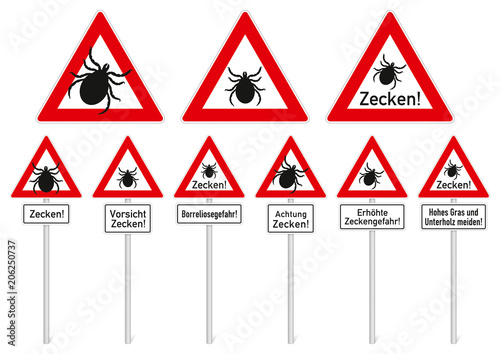 Verschiedene Warnschilder: Zeckengefahr