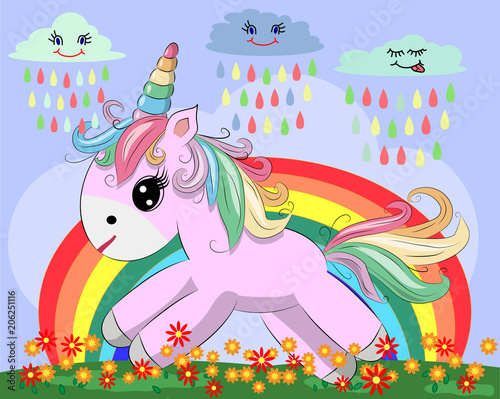 A little pink cute cartoon Unicorn on a clearing with a rainbow, flowers, sun. Postcard, spring, magic