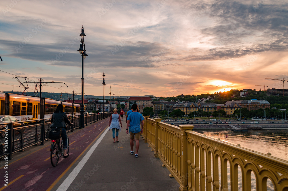Margaret bridge in Budapest at sunset during summer