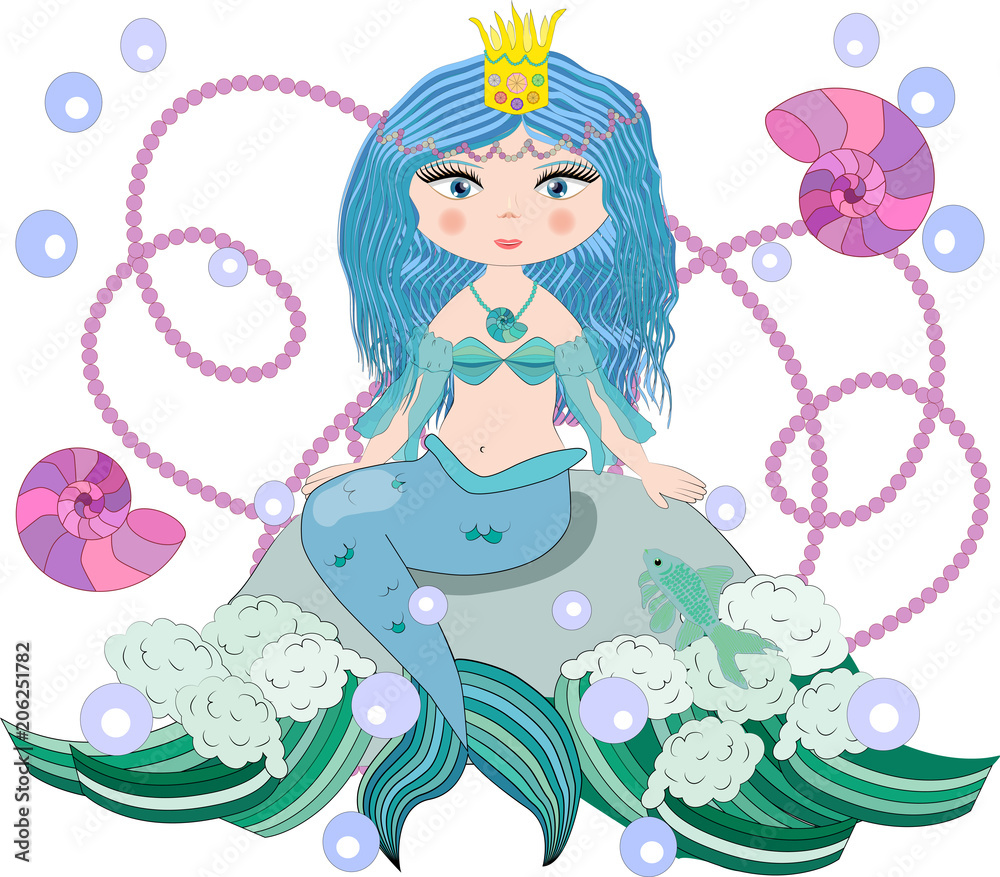 A beautiful little mermaid is sitting on a rock. Siren. Sea theme. vector illustration on a white background.
