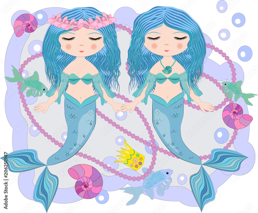 Cartoon beautiful little mermaid in a wreath. Siren. Sea theme. vector illustration on a white background. Cartoon beautiful little mermaid in a wreath. Siren. Sea theme. vector illustration on a white background.