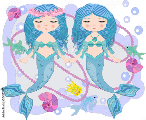 Cartoon beautiful little mermaid in a wreath. Siren. Sea theme. vector illustration on a white background.