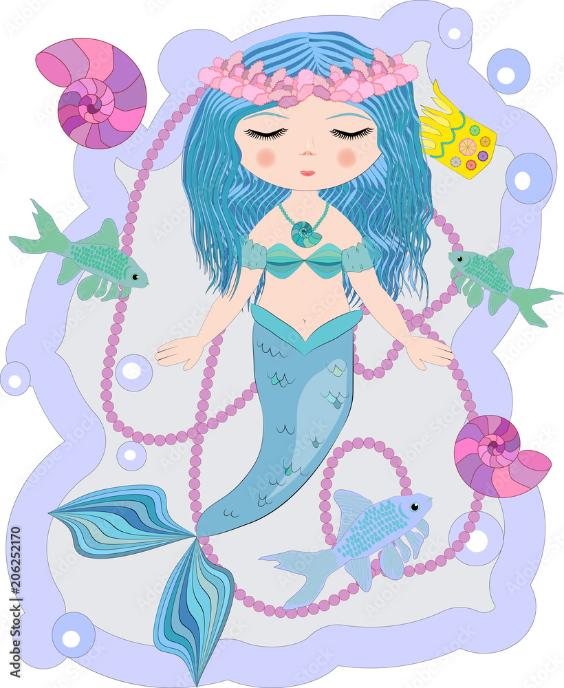 Cartoon beautiful little mermaid in a wreath. Siren. Sea theme. vector illustration on a white background. Cartoon beautiful little mermaid in a wreath. Siren. Sea theme. vector illustration on a white background.