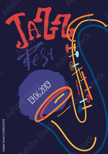 Lineart freehand Jazz Music poster with saxophone. Hand drawn illustration with brush strokes for festival placard and flyer, concert, event