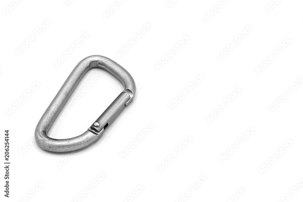 old grey climbing carabiner isolated on white background old grey climbing carabiner isolated on white background