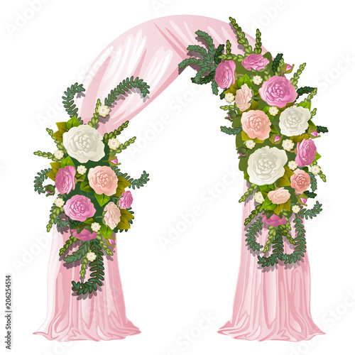 Wedding arch decorated with pink curtain and flower buds. Vector illustration.