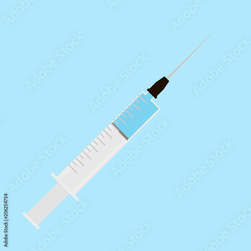 Syringe icon. Syringe with needle for medical drug injection, vaccine for care and treatment. Vector illustration