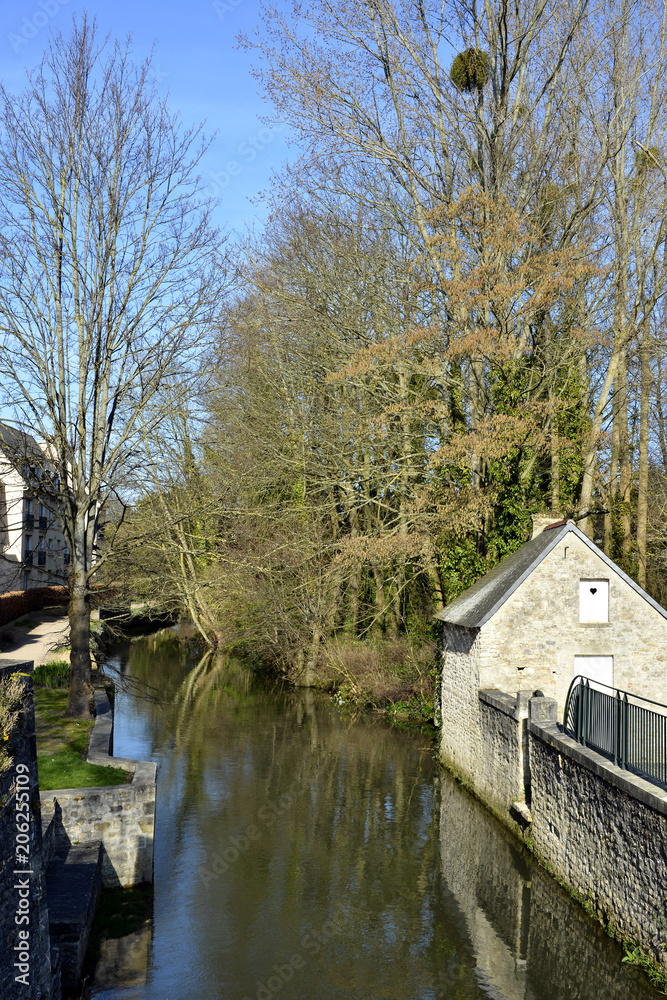 Obraz premium River Aure with trees in the town of Bayeux, a commune in the Calvados department in Normandy in northwestern France