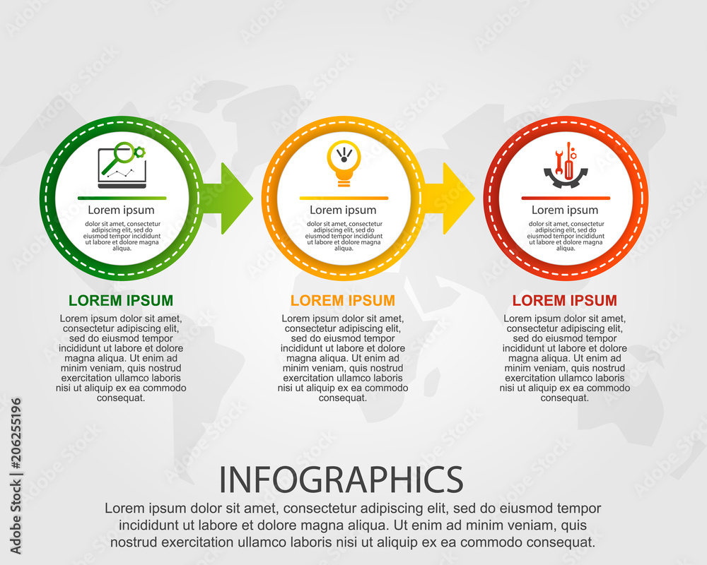 Modern vector illustration 3D. Template of circles of infographics with three elements and arrows. Designed for business, presentations, web design, diagrams with 3 steps. Concept step by step Modern vector illustration 3D. Template of circles of infographics with three elements and arrows. Designed for business, presentations, web design, diagrams with 3 steps. Concept step by step