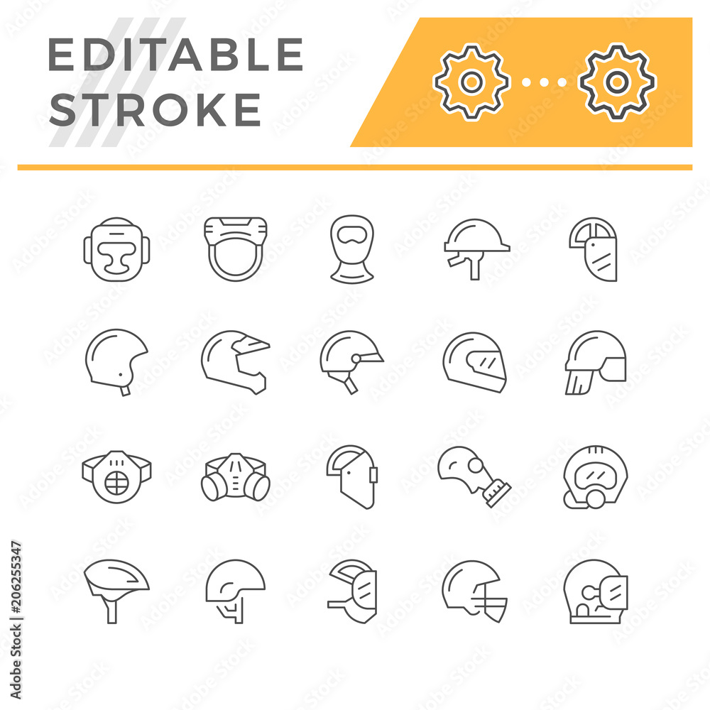 Set line icons of helmets and masks Set line icons of helmets and masks