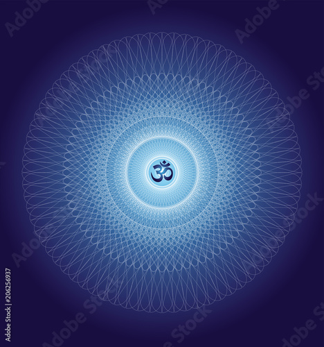 Openwork white-blue mandala with a sign of Aum (Om, Ohm) on a dark blue background. A graceful geometric pattern. Vector graphics.
