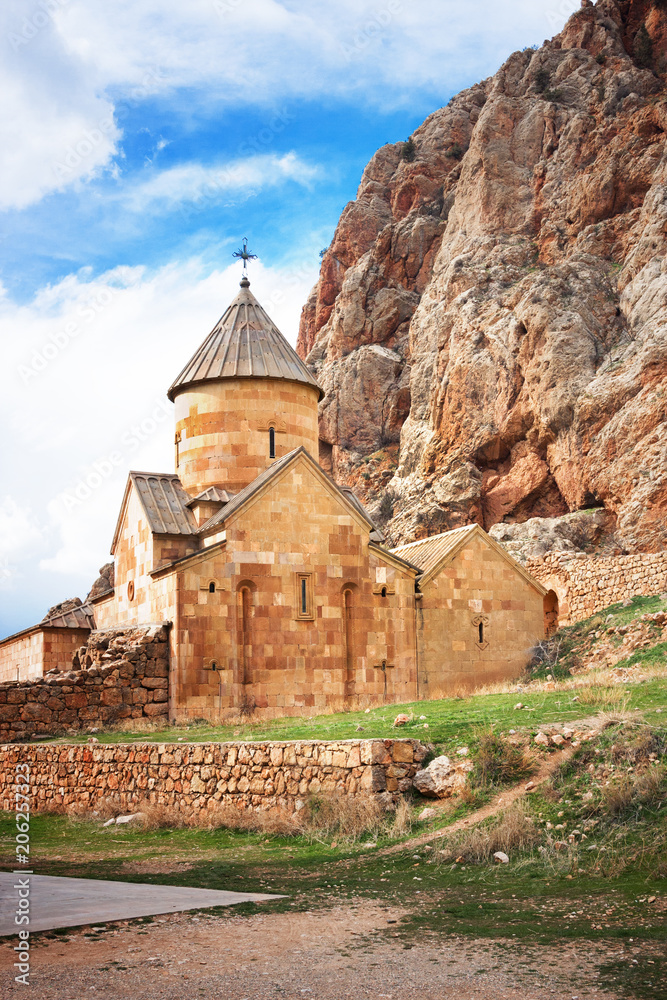 Scenic Novarank monastery in Armenia. Noravank monastery was founded in 1205. It is located 122 km from Yerevan in a narrow gorge made by the Darichay river nearby the city of Yeghegnadzor