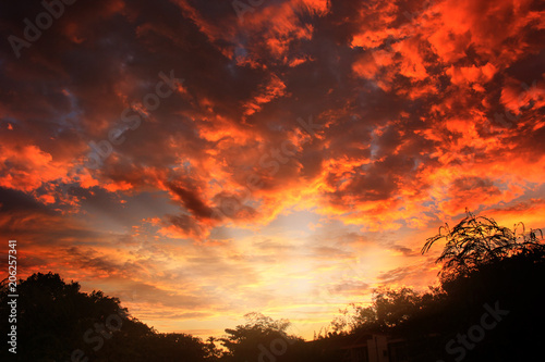 Fiery orange sunset sky,The power of the beautiful sky.