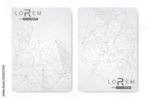 Scientific brochure design template. Vector flyer layout, Molecular structure with connected lines and dots. Scientific pattern atom DNA with elements for magazine, leaflet, cover, poster design.