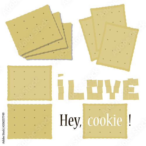 set of composition of rectangular cookies baking delicious crisp light beige cracker wavy edge of love vector inscription isolated on white background