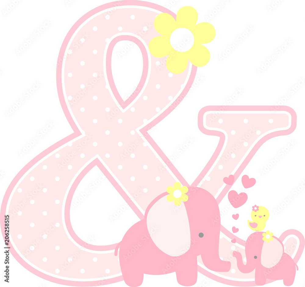 ampersand symbol with cute elephant and little baby elephant isolated on white. can be used for mother's day card, baby girl birth announcements, nursery decoration, party theme or birthday invitation