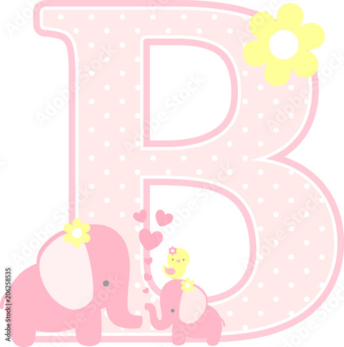 initial b with cute elephant and little baby elephant isolated on white. can be used for mother's day card, baby girl birth announcements, nursery decoration, party theme or birthday invitation