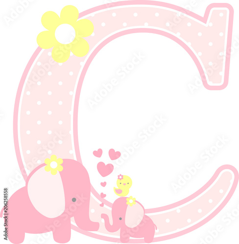initial c with cute elephant and little baby elephant isolated on white. can be used for mother's day card, baby girl birth announcements, nursery decoration, party theme or birthday invitation