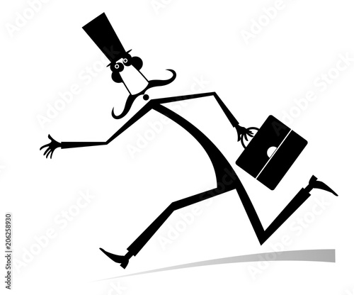 Hurry and busy man isolated illustration. Hurry and busy long mustache man in the top hat with a bag black on white illustration
