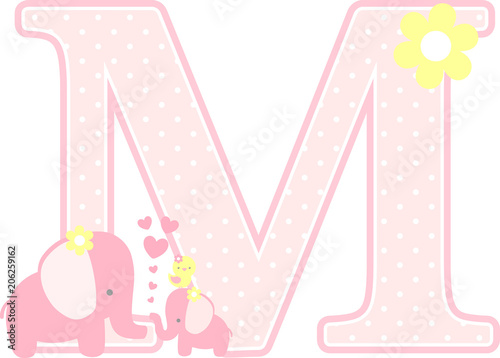 initial m with cute elephant and little baby elephant isolated on white. can be used for mother's day card, baby girl birth announcements, nursery decoration, party theme or birthday invitation