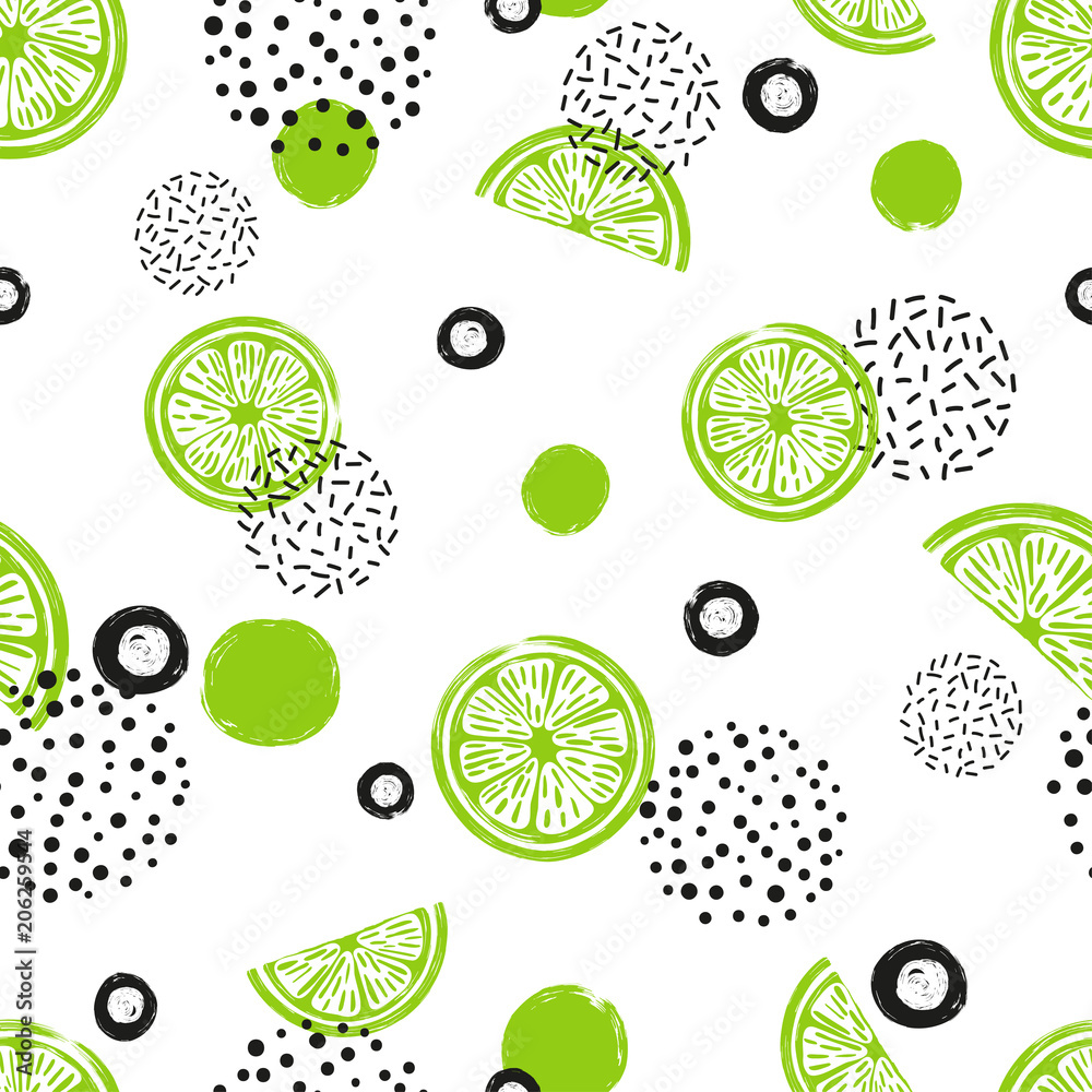Abstract seamless lime pattern in green and black color. Citrus Fruits and dots on white background.