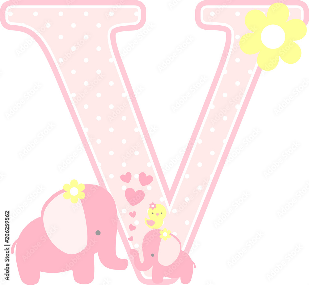 initial v with cute elephant and little baby elephant isolated on white. can be used for mother's day card, baby girl birth announcements, nursery decoration, party theme or birthday invitation
