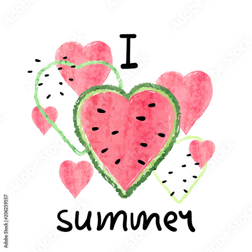 Bright summer vector illustration with heart shaped watercolor watermelon slices. 